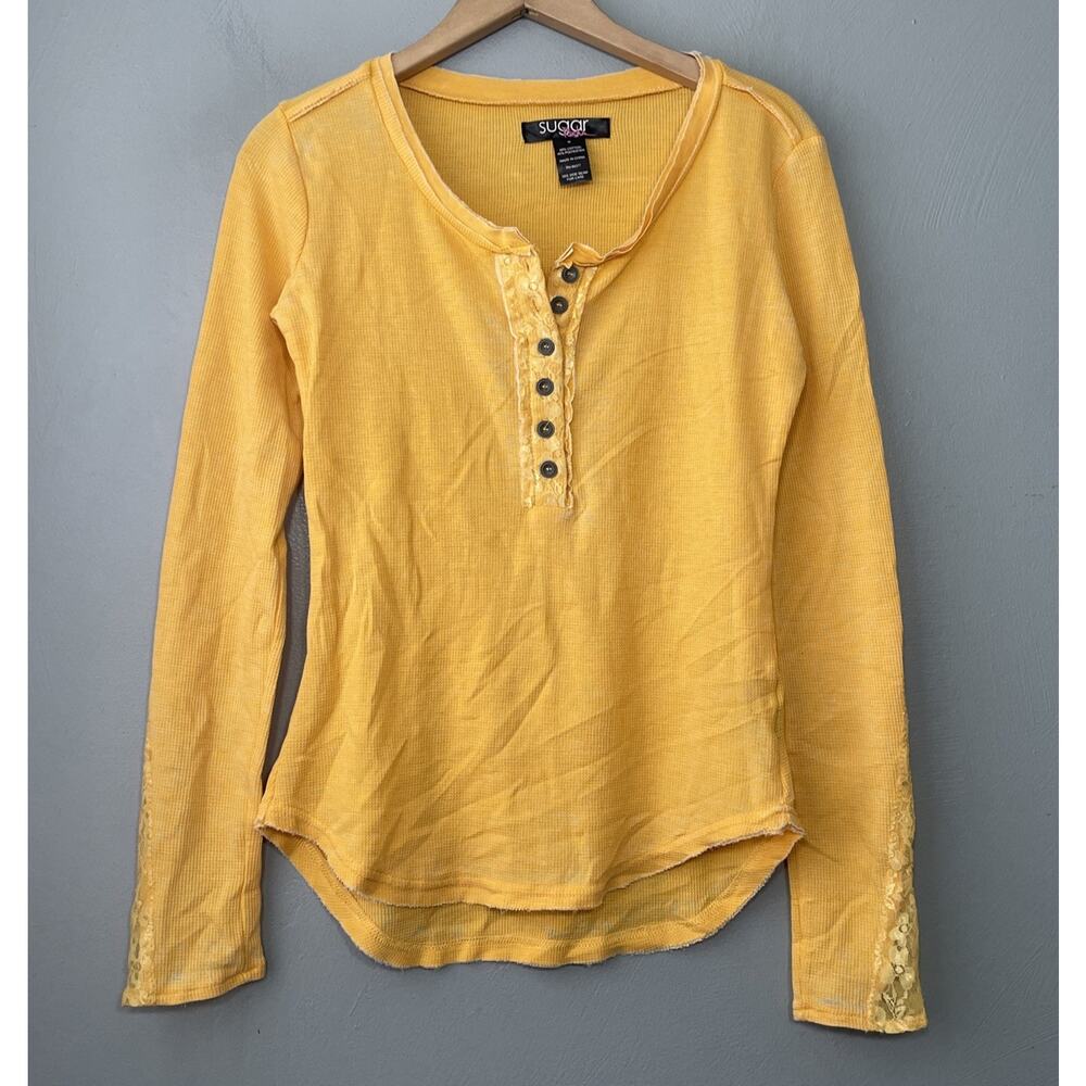 Slub Knit Henley Shirt Size Medium Waffle Orange Yellow Lace ALT Bella Swan Y2K